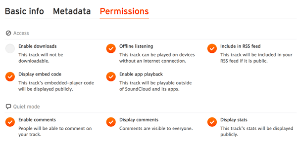 Periksa tab Izin untuk memastikan file audio Anda disertakan dalam umpan RSS SoundCloud Anda.