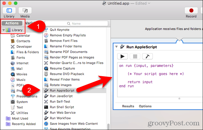 Seret Jalankan AppleScript ke panel alur kerja di Automator