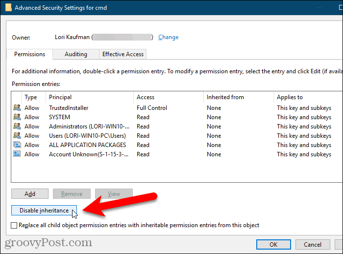 Klik Nonaktifkan pewarisan pada kotak dialog Pengaturan Keamanan Tingkat Lanjut di Windows Registry