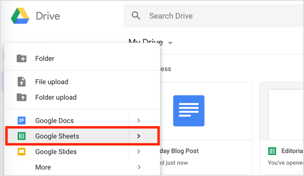 Klik tombol New di sebelah kiri dan pilih Google Sheets dari menu drop-down.
