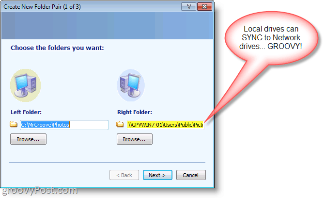 Microsoft SyncToy Buat Pasangan Folder baru - Pilih Screenshot Iklan Kanan Folder