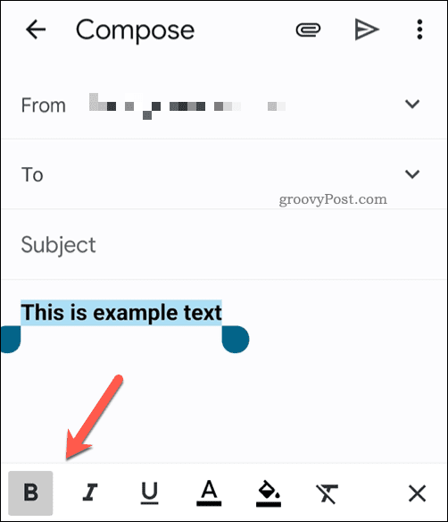 Bilah alat pemformatan teks di aplikasi Gmail di seluler