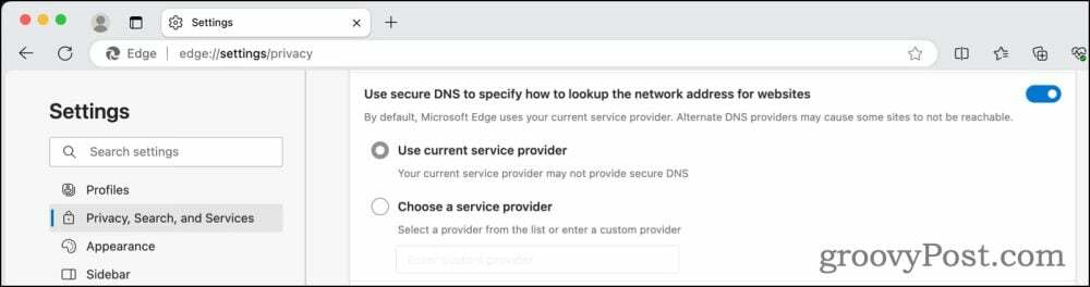 Pengaturan DNS terenkripsi di Microsoft Edge