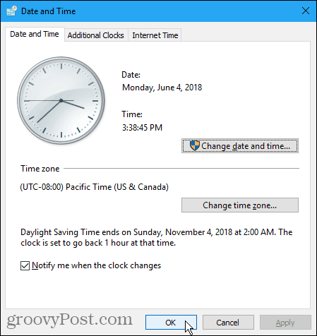 Kotak dialog Tanggal dan Waktu di Windows