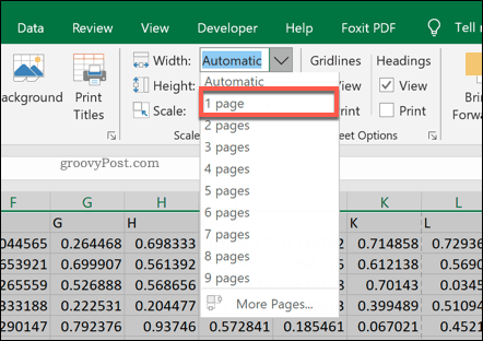 Opsi skala cetak halaman di Excel