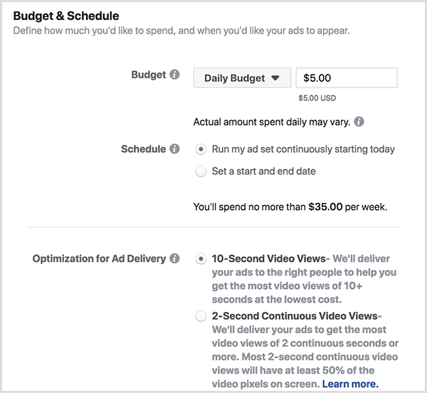 Anggaran iklan Facebook dan pilihan jadwal termasuk Anggaran Harian dan Tampilan 10-Detik.