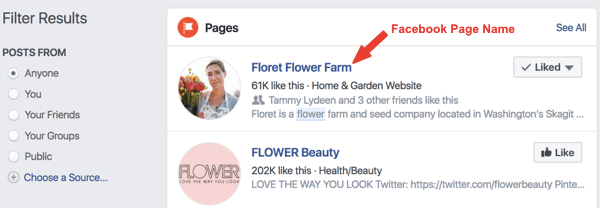 Contoh halaman Facebook bernama Floret Flower Farm di hasil pencarian.