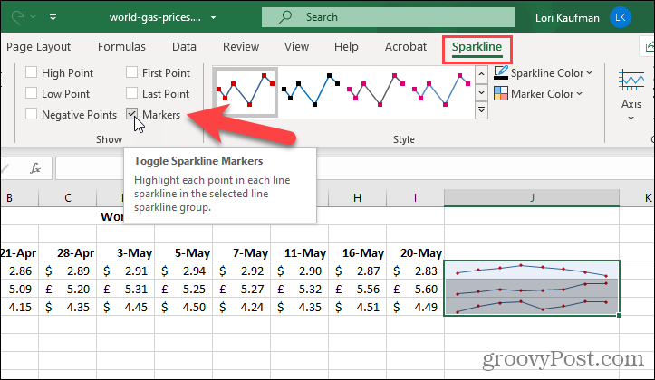 Perlihatkan penanda pada grafik mini di Excel