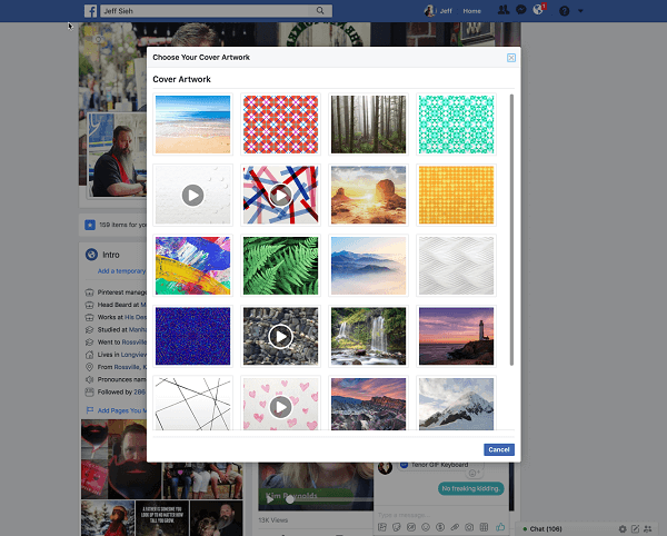 Facebook sekarang memungkinkan pengguna untuk memilih video untuk gambar sampul profil dari perpustakaan Artwork. 