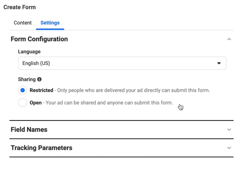 facebook lead ads membuat opsi formulir prospek baru untuk menyesuaikan pengaturan konfigurasi formulir bahasa yang diatur ke bahasa Inggris, dan berbagi yang diatur ke terbatas