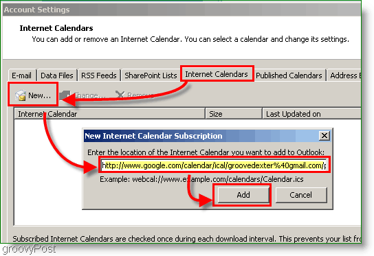 Screenshot Kalender Outlook 2007 - Tambahkan Kalender Internet