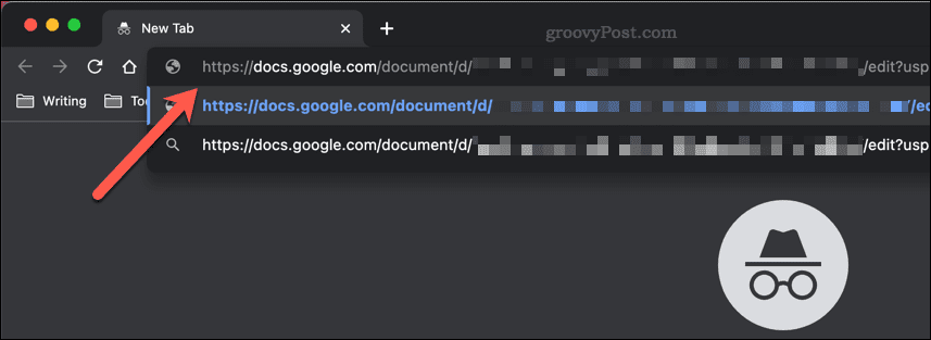Menempelkan tautan berbagi Google Documents ke bilah alamat jendela penyamaran Google Chrome