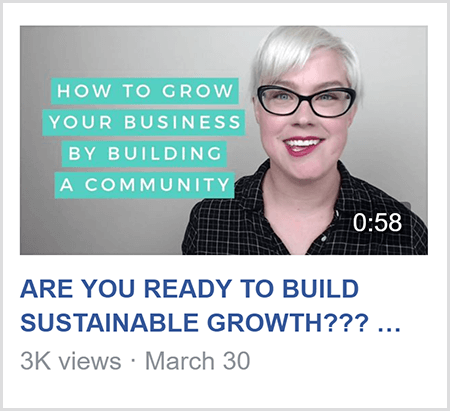 Untuk mengajar di grup Facebook, Caitlin Bacher membagikan video seperti video ini dengan teks How To Grow Bisnis Anda Dengan Membangun Komunitas dan gambar Caitlin dari bahu ke atas dan menghadap ke kamera.