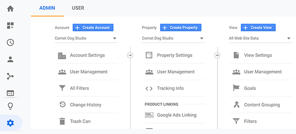 Google Analytics cara mengatur tampilan pada ujung layar Admin langkah 1