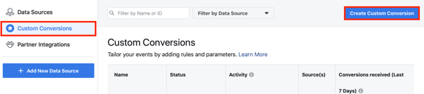 Gunakan Alat Pengaturan Acara Facebook, langkah 10, opsi menu untuk mengatur konversi khusus untuk piksel Facebook Anda 