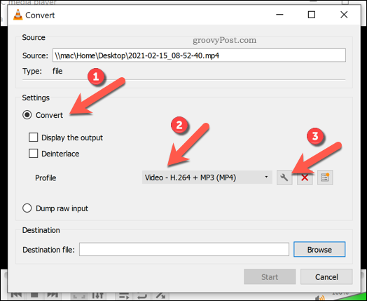 Mengatur pengaturan konversi di VLC pada Windows