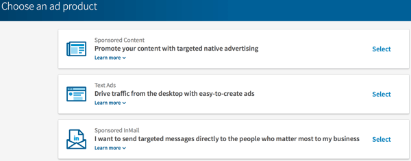 Pilih jenis iklan LinkedIn yang ingin Anda buat.