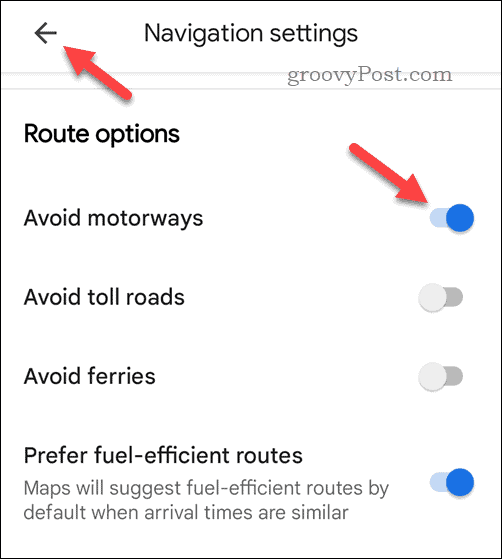 Pengaturan untuk selalu menghindari jalan raya di Google Maps