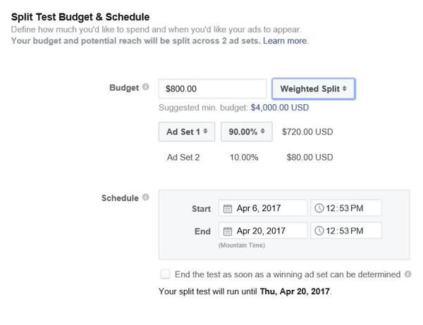 Facebook memungkinkan Anda mengontrol berapa banyak anggaran untuk dialokasikan untuk setiap set iklan.