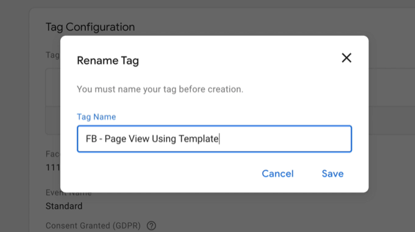 pengelola tag google baru tag baru dengan opsi ganti nama menu tag dengan nama tag baru dimasukkan sebagai 'fb - tampilan halaman menggunakan template'