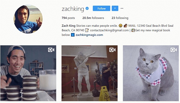Meskipun ia awalnya menggunakan Instagram untuk memposting ulang Vine-nya, Zach segera mulai membuat konten Instagram asli.