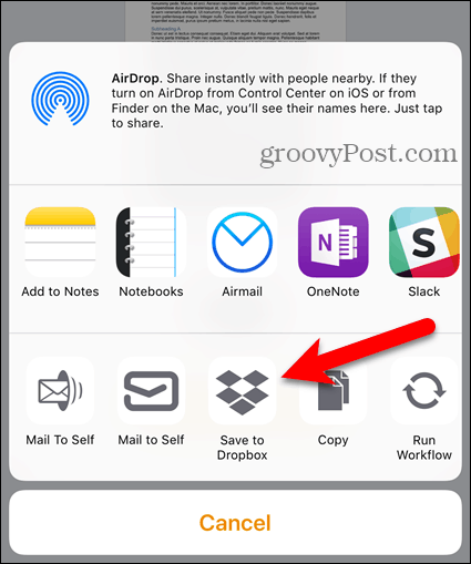 Ketuk Dropbox pada lembar Bagikan di iOS