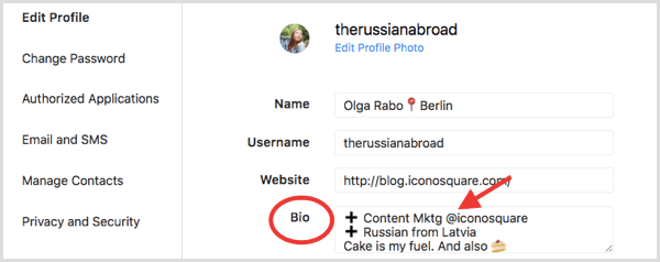 Bidang Bio di bagian Edit Profil untuk profil Instagram