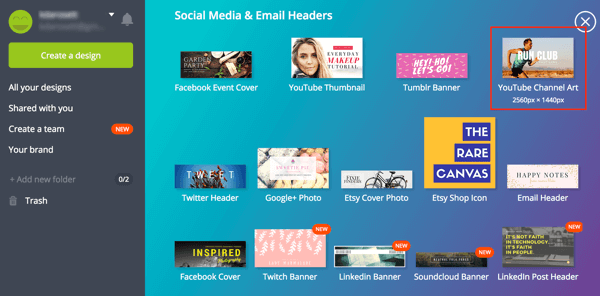 Canva menawarkan berbagai template media sosial, termasuk satu untuk sampul saluran YouTube.