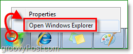 untuk memasuki Windows 7 explorer, klik kanan bola start dan klik open windows explorer