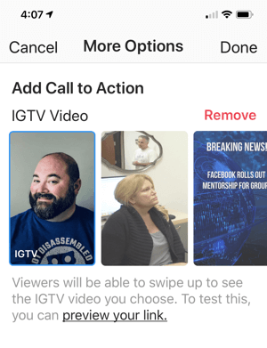 Finalisasi menambahkan tautan video IGTV ke kisah Instagram Anda.