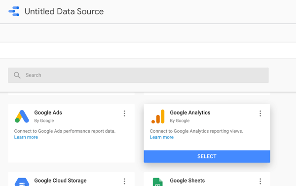 Gunakan Google Data Studio untuk menganalisis iklan Facebook Anda, langkah 2, opsi untuk menggunakan Google Analytics sebagai sumber data Anda