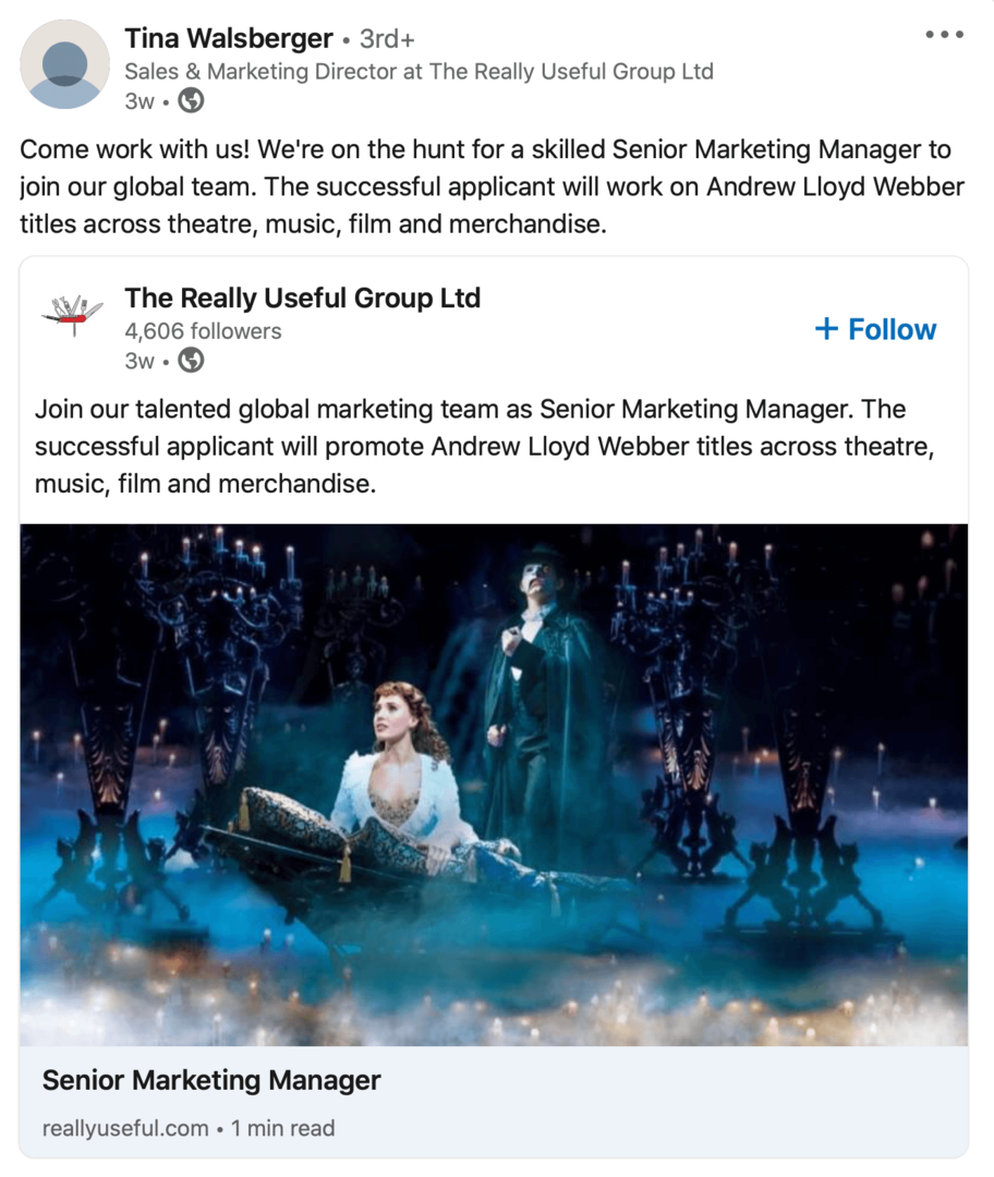 gambar posting rekrutmen halaman perusahaan LinkedIn dibagikan ulang oleh karyawan di profil pribadi