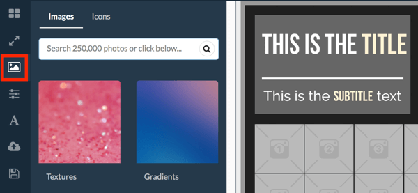 Klik ikon gambar di menu sebelah kiri untuk menemukan gambar stok di RelayThat.