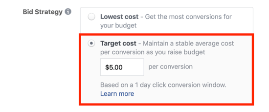 Opsi penawaran biaya target Facebook.