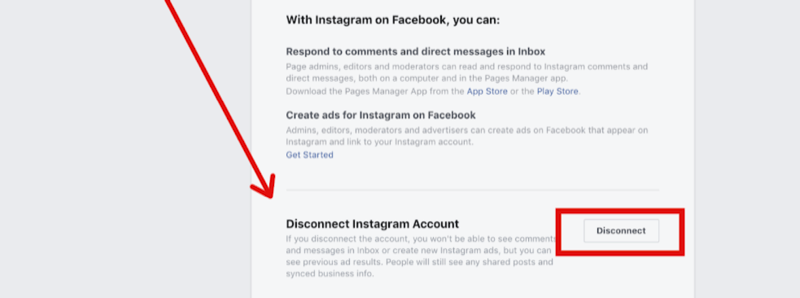 langkah 2 untuk memutuskan akun Instagram di pengaturan halaman Facebook