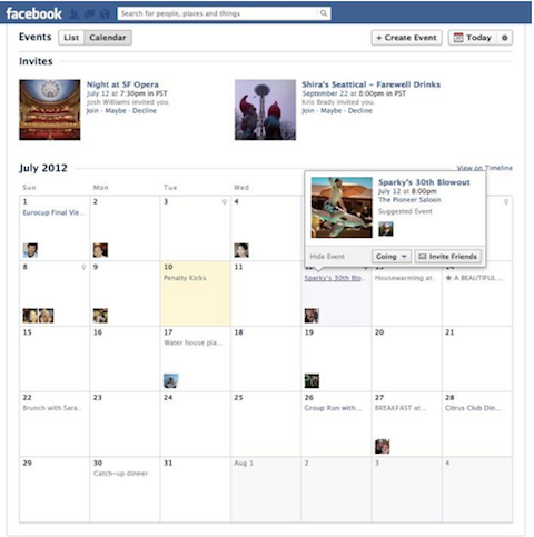 Tampilan kalender acara facebook