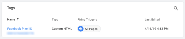 Gunakan Google Tag Manager dengan Facebook, langkah 7, lihat tag yang dinamai menurut Facebook Pixel Anda