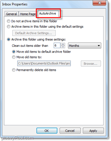 Tab folder autoarchive Outlook 2010