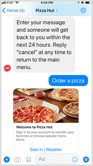 Pizza Hut mengotomatiskan pemesanan pizza melalui bot Messenger.