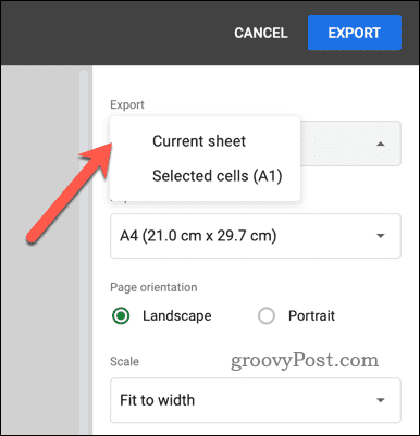 Memilih opsi ekspor untuk ekspor PDF di Google Sheets