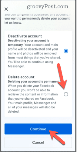 Memilih untuk menghapus akun Facebook di ponsel