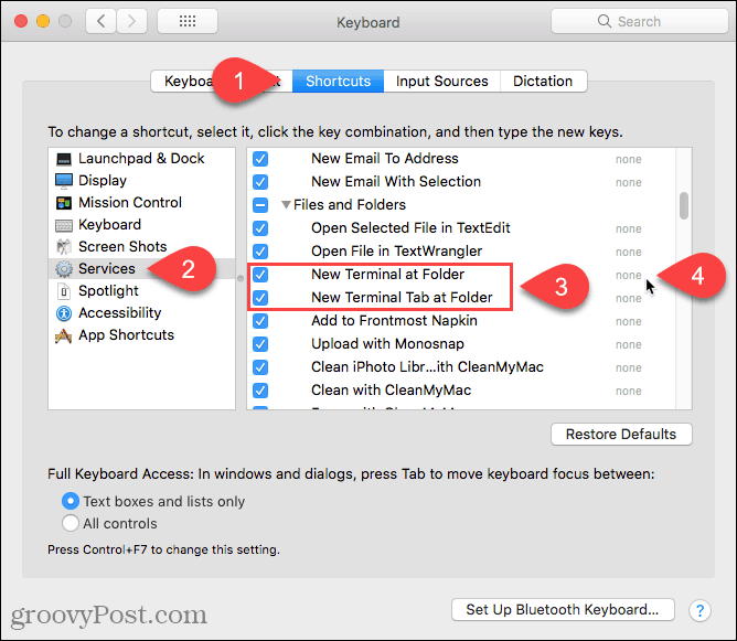 Klik Tidak Ada untuk menambahkan pintasan ke layanan Terminal Baru di Folder pada Mac