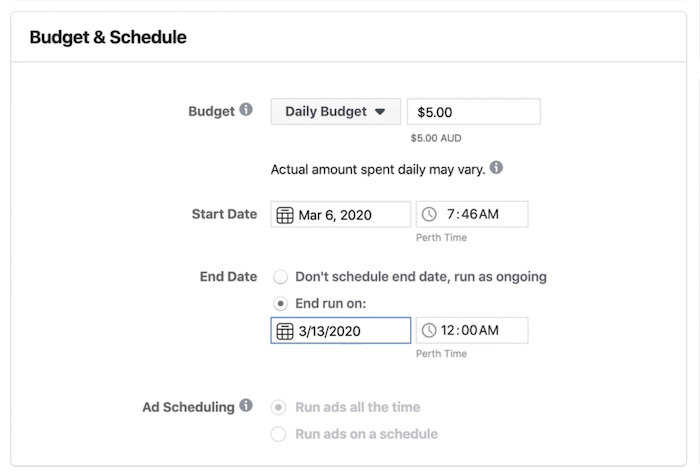 Bagian Anggaran & Jadwal di tingkat Set Iklan di Pengelola Iklan Facebook