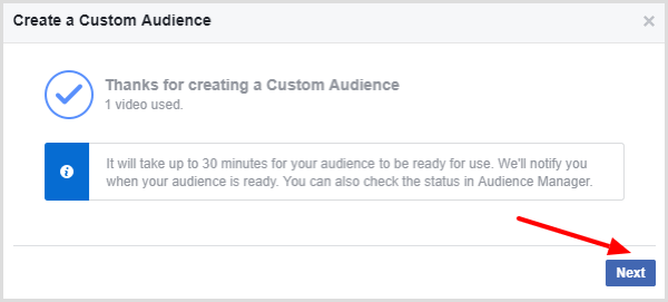 Facebook menampilkan pesan yang mengonfirmasi bahwa audiens kustom video Anda sudah selesai.