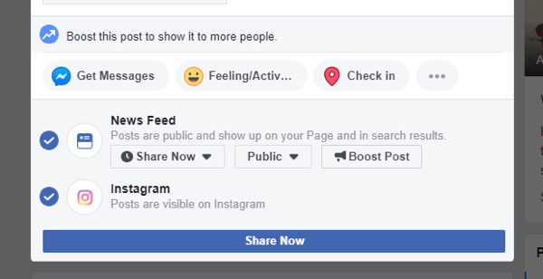 Cara mengirim silang ke Instagram dari Facebook di desktop, langkah 5, pastikan opsi untuk mengirim ke Instagram dicentang