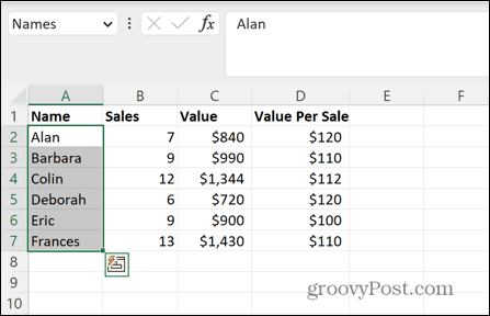 rentang nama yang dipilih excel