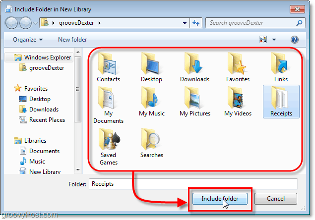 pilih folder untuk dimasukkan di perpustakaan windows 7