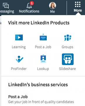 Anda akan menemukan banyak tautan langsung di bagian Lainnya LinkedIn. Anda juga dapat membuat halaman perusahaan dari sini.