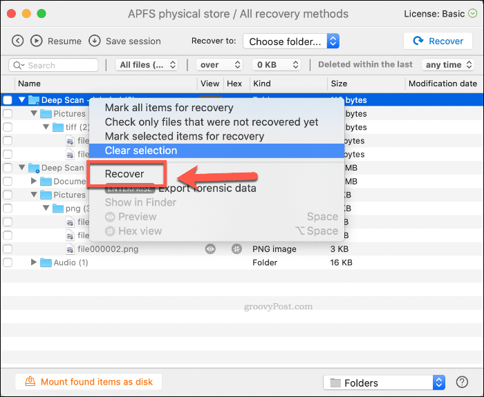 Memulihkan file yang dihapus di Disk Drill pada macOS