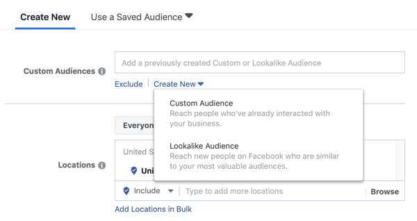Pilihan untuk menggunakan audiens khusus atau audiens yang mirip untuk kampanye iklan utama Facebook.